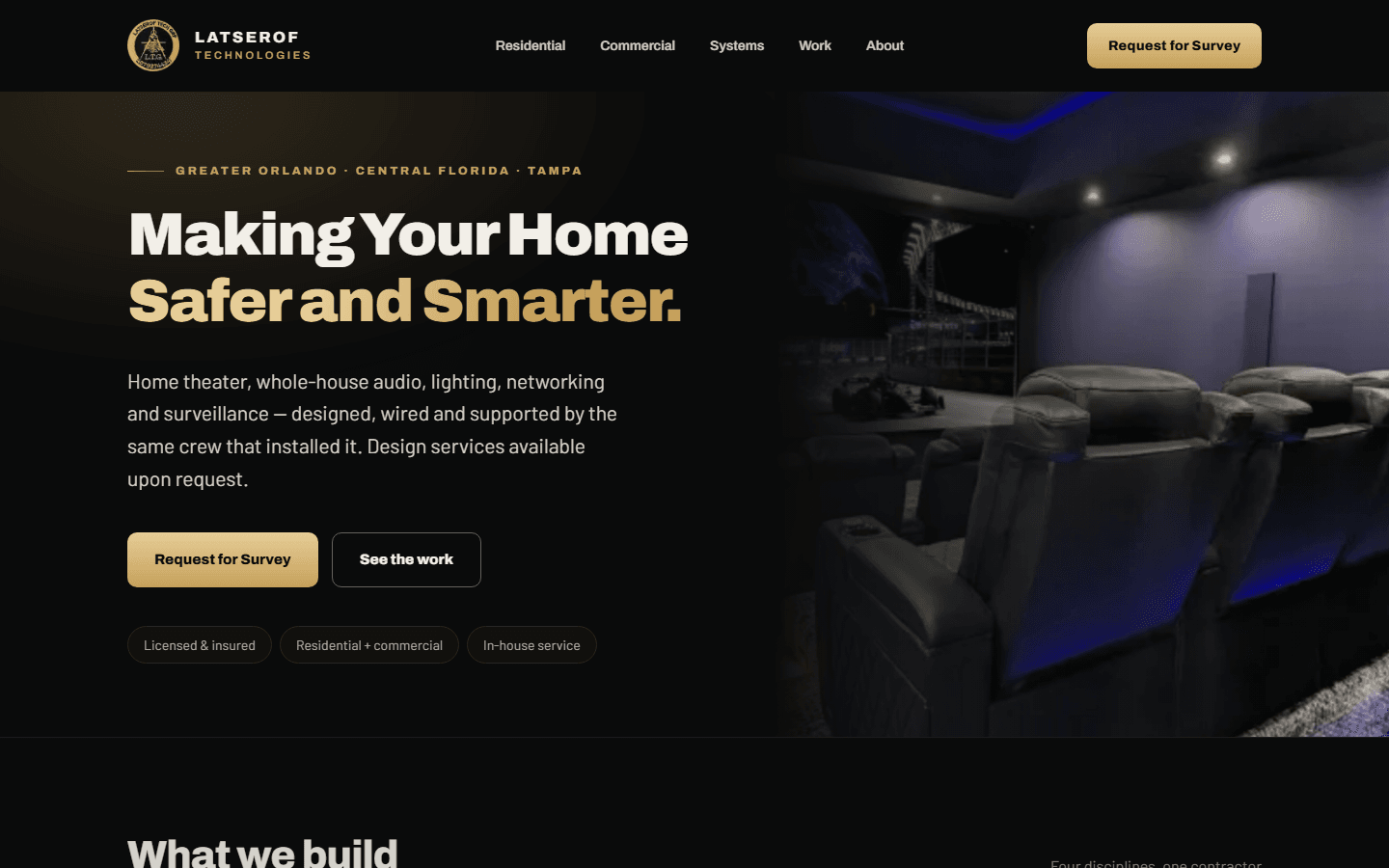 The Latserof Technologies homepage hero in a dark ink and gold gallery look