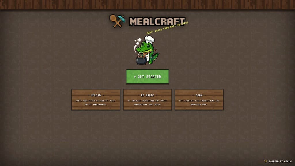 The MealCraft landing page, styled as a pixel-art Minecraft interface
